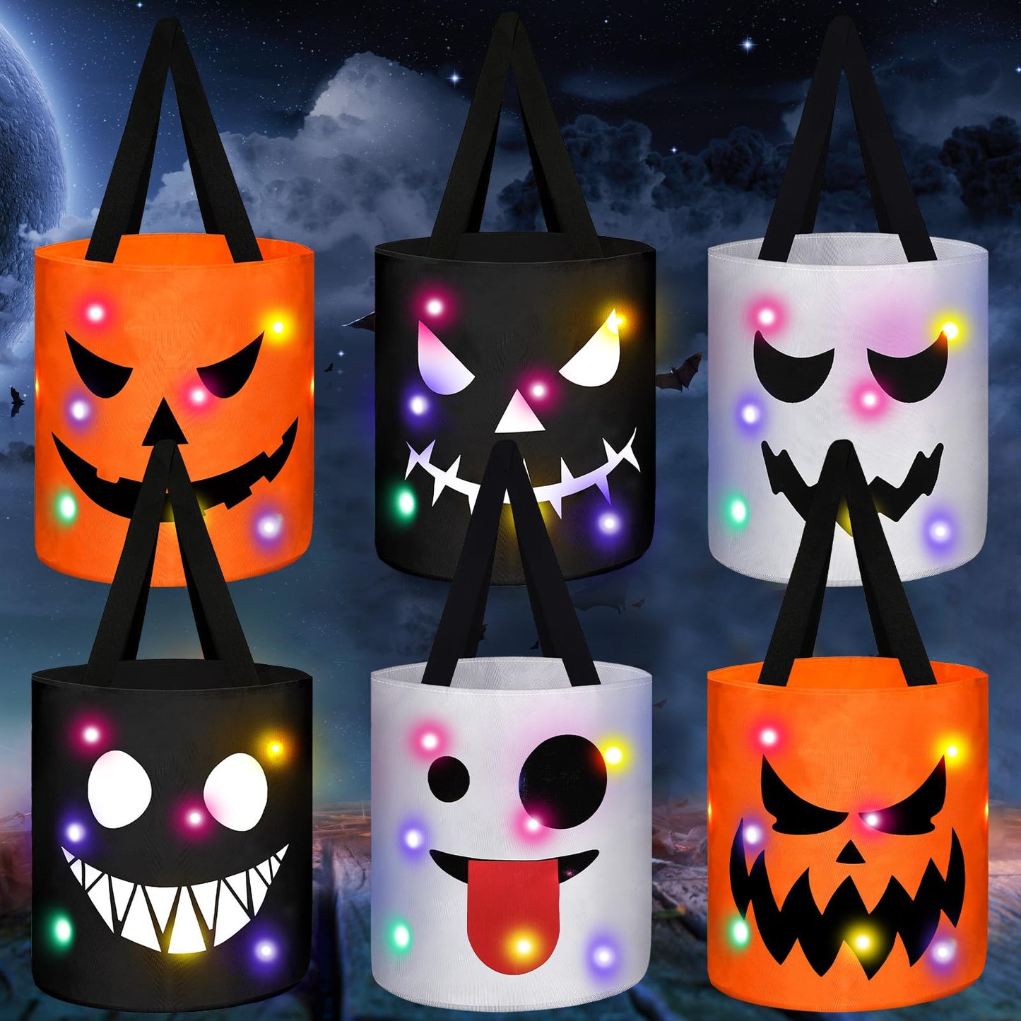 Teling 6 Pcs LED Halloween Candy Bucket Pumpkin Treat Basket Light Multipurpose Reusable Goody Bags for Halloween Supplies Favors(Smile Face)