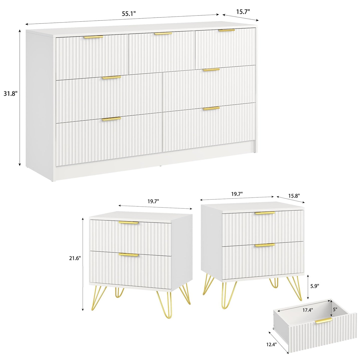 Sscaktu 7 Drawer Dresser and Nightstand Sets for Bedroom, 3 Pcs Bedroom Set，Night Stand Set of 2 & 7 Drawer Dresser with Gold Handles, Modern Wood Chest of Drawers Storage Cabinet Set, White