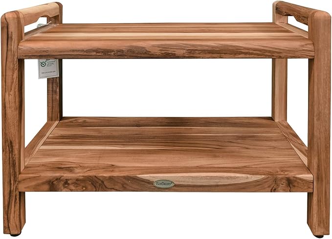 EcoDecors Eleganto 24 Inch Natural Color Waterproof Teak Wood Shower Bench Stool Seat Chair For Inside Shower Provides Safety, Storage, and Organization For Bathroom Accessories