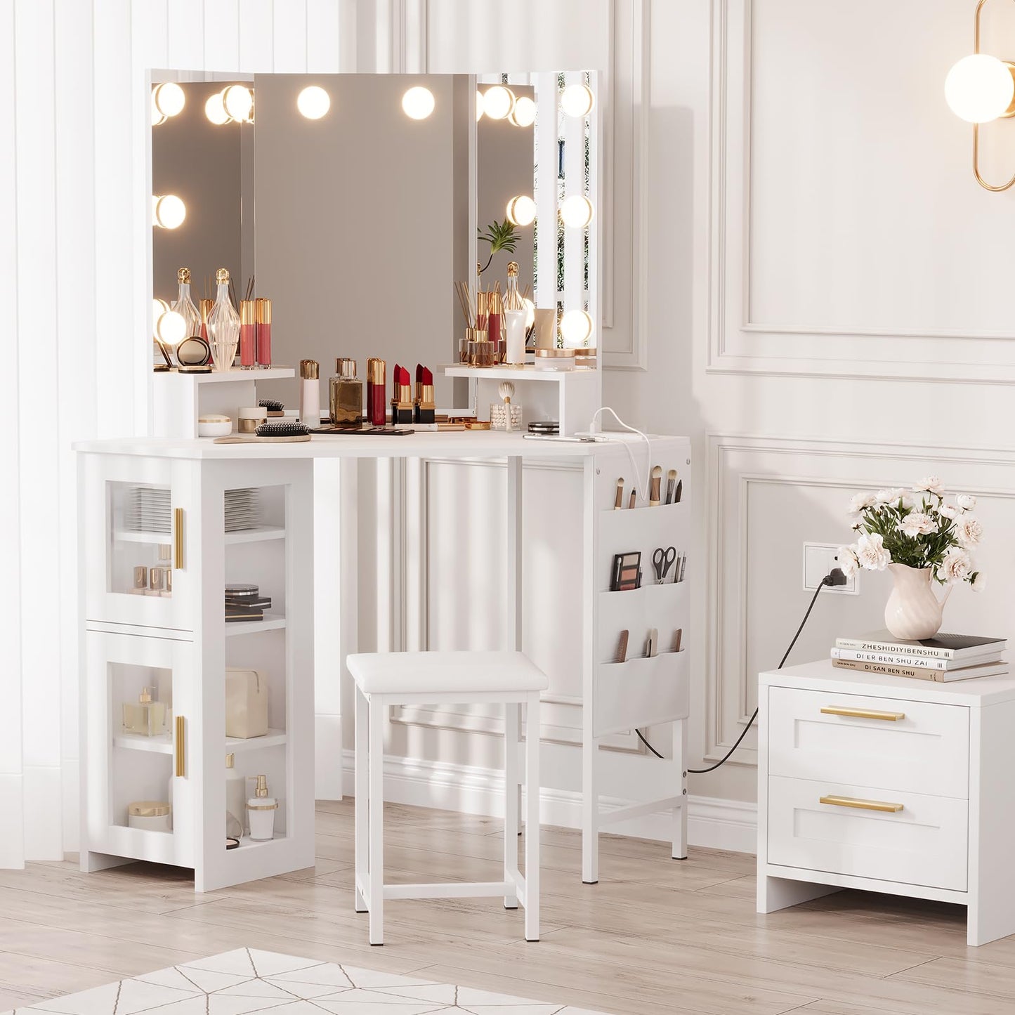 Corner Vanity Desk with Mirror and Lights, Makeup Vanity Table with Charging Station & Storage Cabinet & 3-Fold Mirror（3 Light Settings）, Dressing Table for Bedroom, White