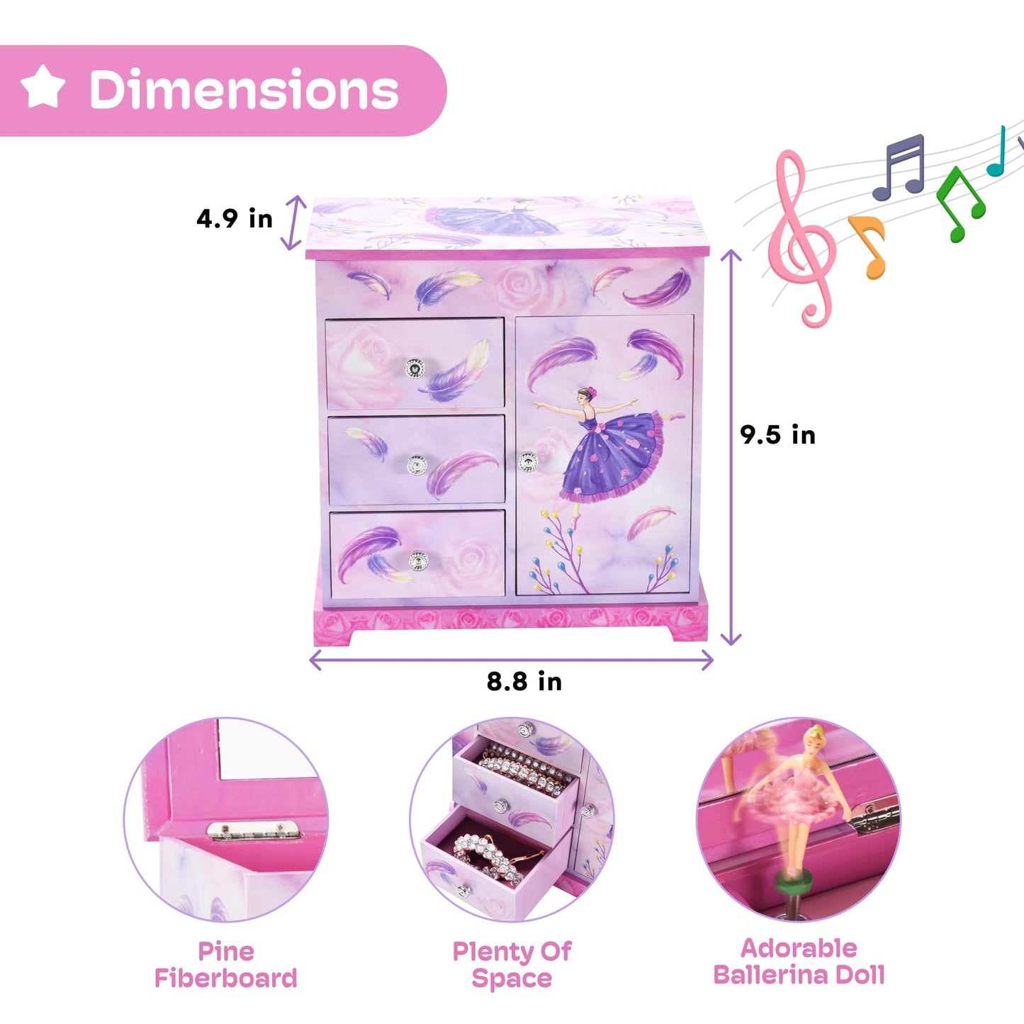 Jewelkeeper Pink and Purple Ballerina 3 Drawers Jewelry Box for Girls - Little Girl's Wooden Jewelry Box with Necklace Carousel - for Kids or Teen Necklaces and Accessories