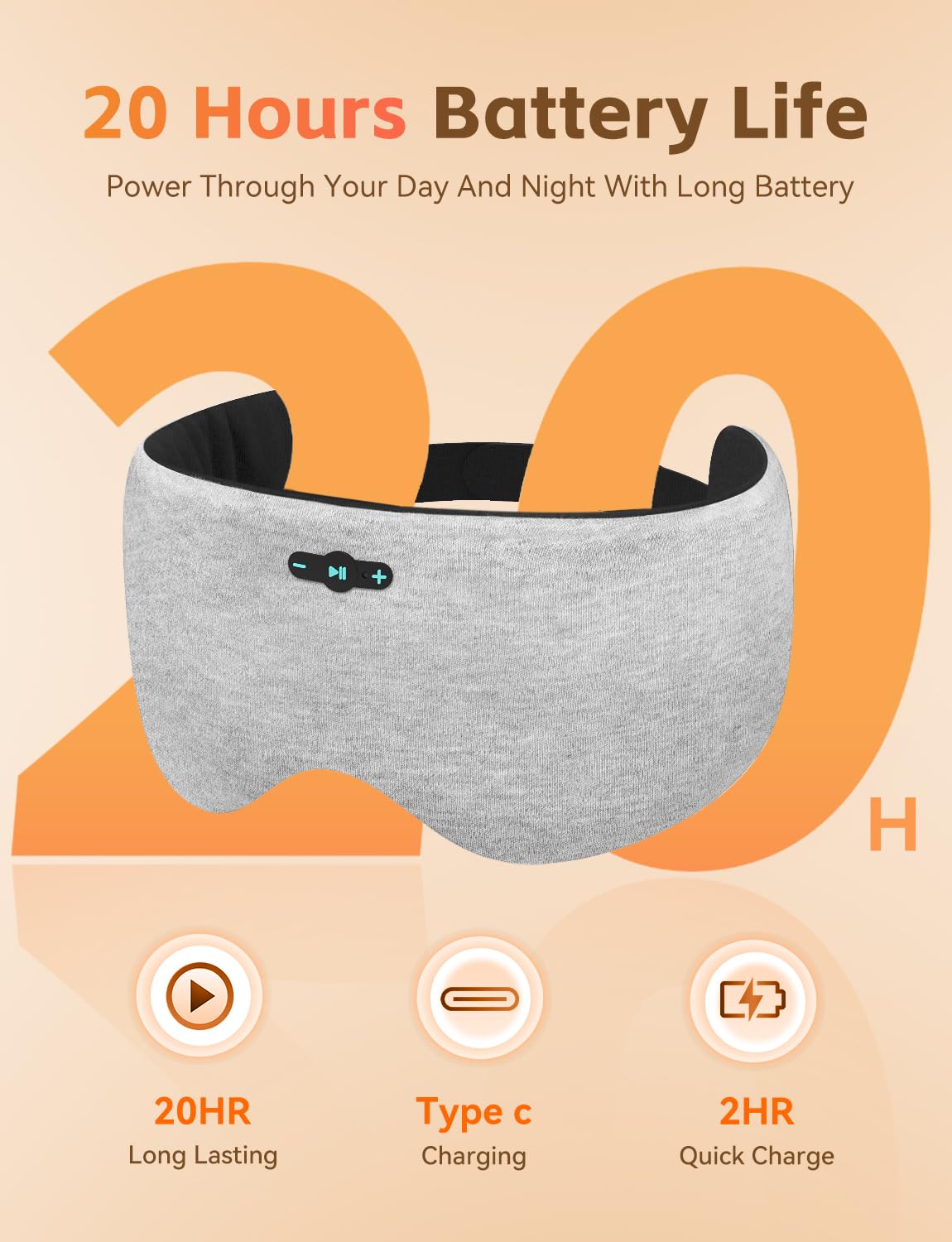 Sleep Mask with Headphones Bluetooth 6.0, 20H Playtime Sleeping Headphones with HD Stereo Speakers for Side Sleepers, Adjustable Blackout Silk Eye Mask for Travel Meditation, Gifts for Women Men(Grey)