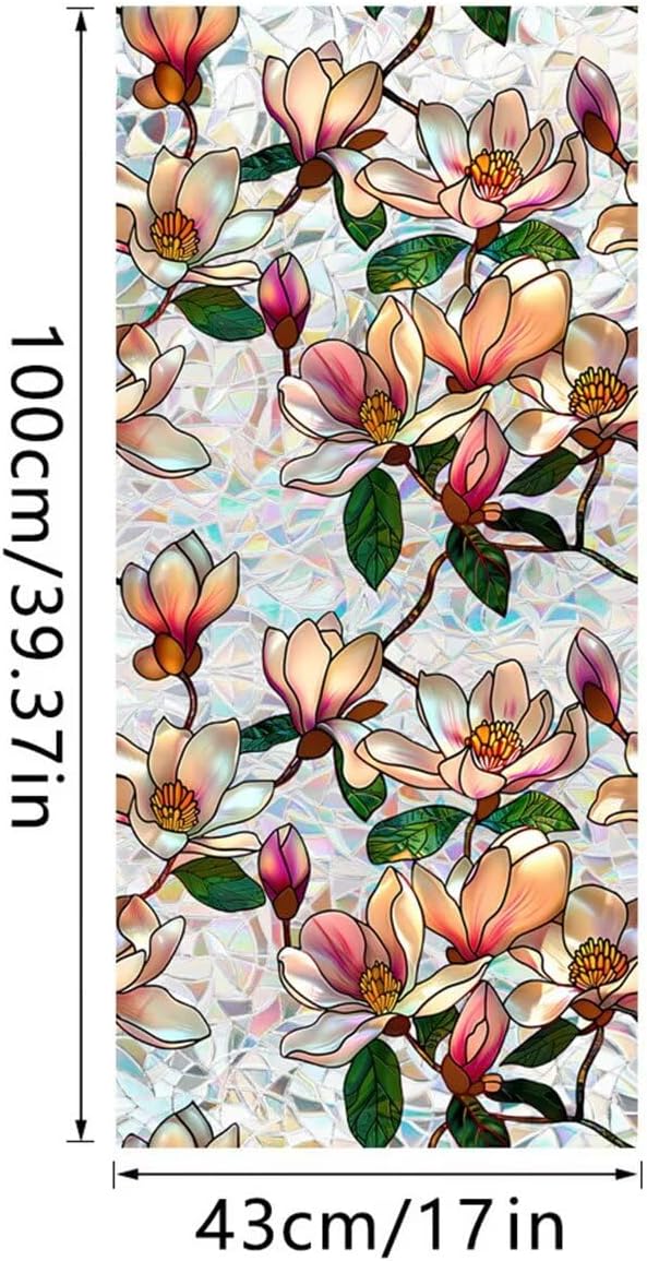 Floral Window Privacy Films, Stained Glass Rainbow Window Sticker Decor, UV Blocking Removable Static Cling Film for Bathroom Living Room Bedroom Sunroof, 17 x 39.37 Inch