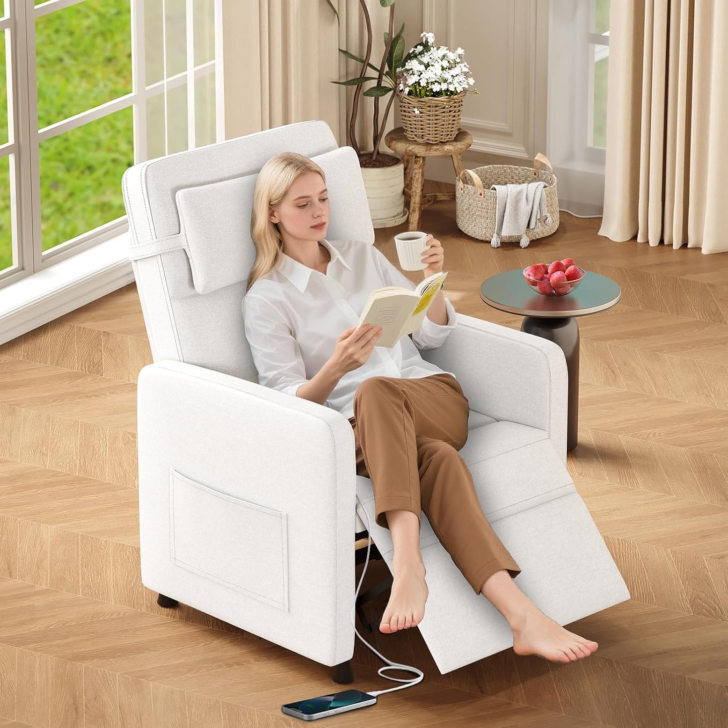 ExploreHorizon Power Recliner Chair with Electric Adjustable Back USB Port & Side Pockets, Single Overstuffed Recliner Chair for Living Room, Bedroom, or Home Theater, Beige White