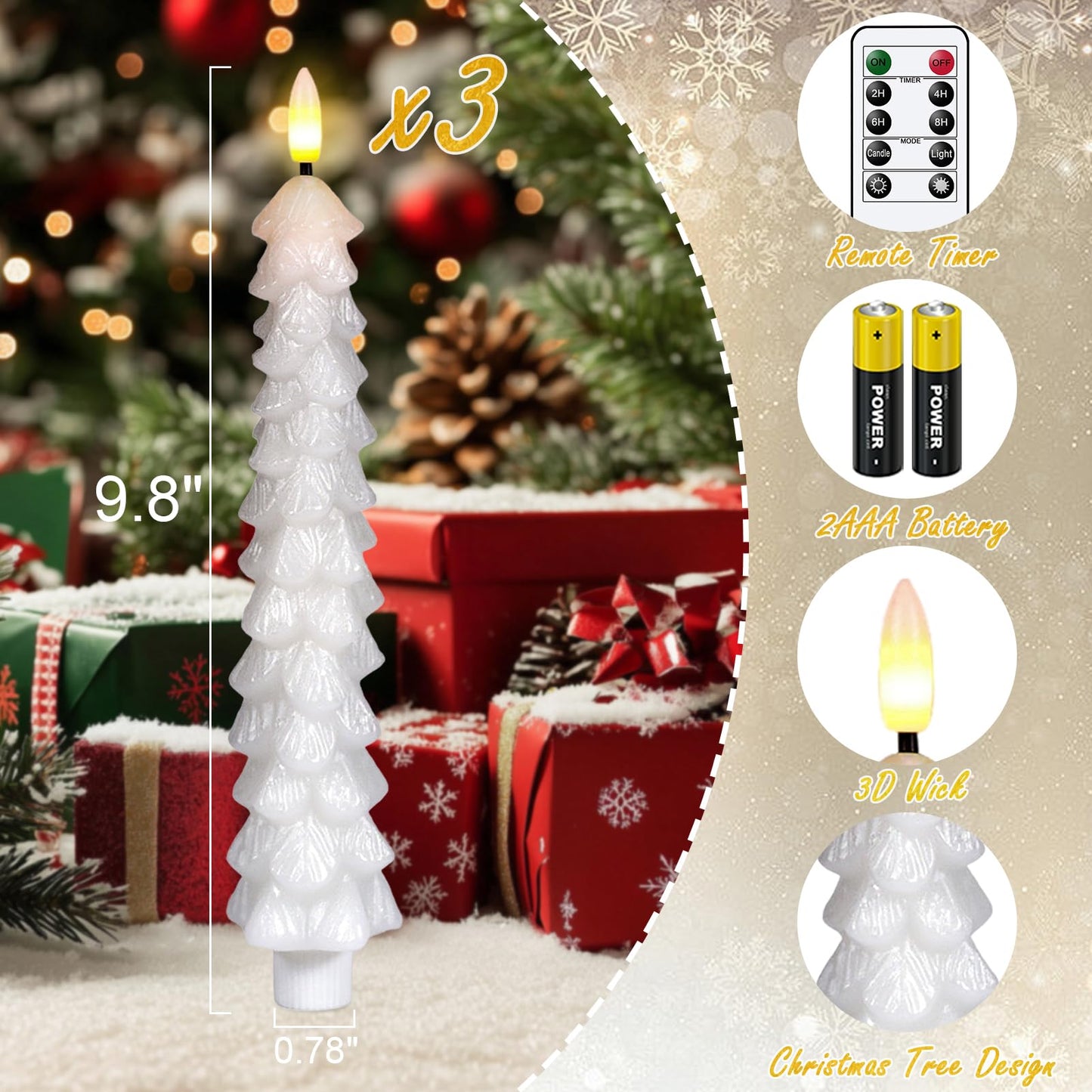 KunSwenn Christmas Tree Candles Battery Operated with Remote, Waxy White Christmas Flameless Tree Taper Candles with Flickering Flame, Set of 3 Winter LED Candlesticks for Xmas Home Decor(0.78”x9.8”)