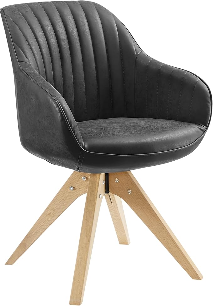 Art Leon Dining Chair, Mid Century Modern Faux Leather Upholstered Swivel Dining Room Chair with Oak Wood Legs, Leisure Side Chair with Arms for Living Room, Black