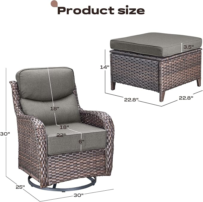 Rilyson Outdoor Patio Furniture Set - Weather Resistant Wicker,High Back,6 inch Cushions,4 Piece Patio Furniture Set with Swivel Rocker Chairs and Ottomans for Deck Porch Yard,Brown/Grey