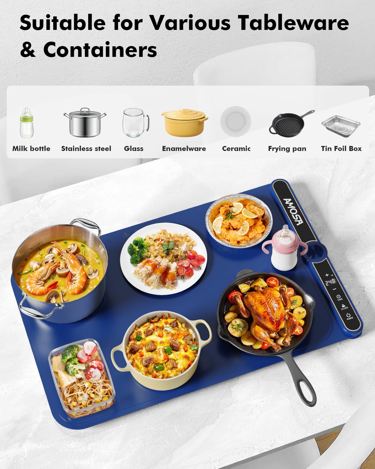 Warming Mat for Food, Fast Heating Electric Food Warmers with 9 Level Temperature and 6 Hours Timer, Large Roll Up Silicone Food Heating Mat, Portable Warming Trays for Buffets Party (Blue)
