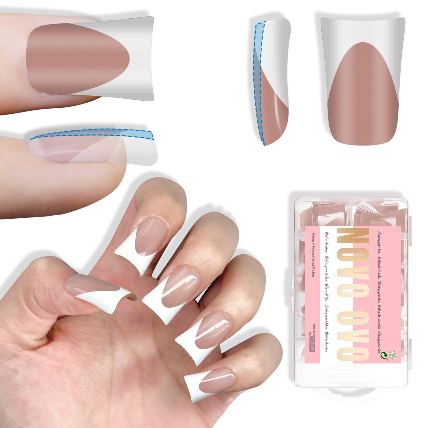 NOVO OVO Short Duck Nail Tips French Tip Press On BROWN PINK, Pre-designed Soft Gel Nail Extension, Need Buider Gel Top Coat, No