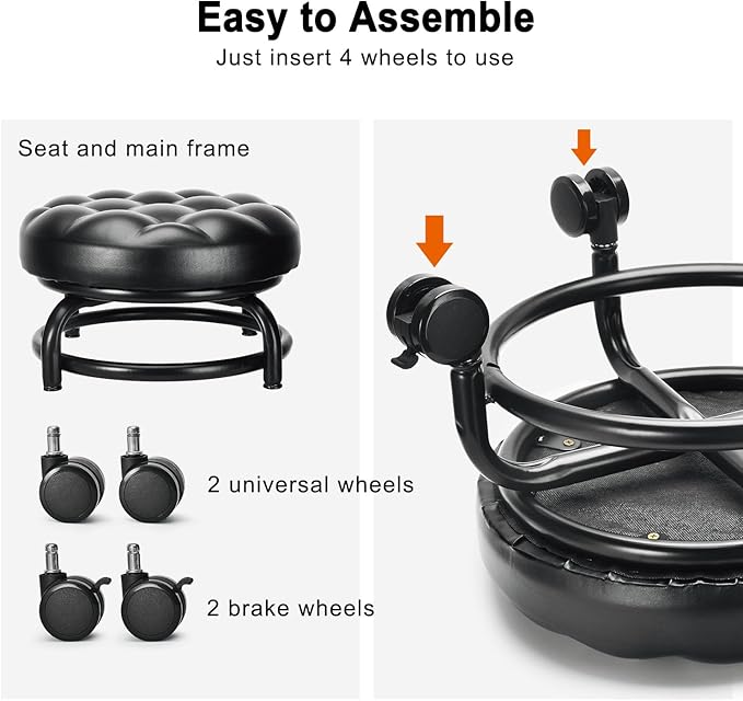 LWADALN Low Height Rolling Stool Roller Stool PU Leather Comfortable Seat 360°Swivel Rotating, Modern Rolling Chair for Home Office Garage Shop