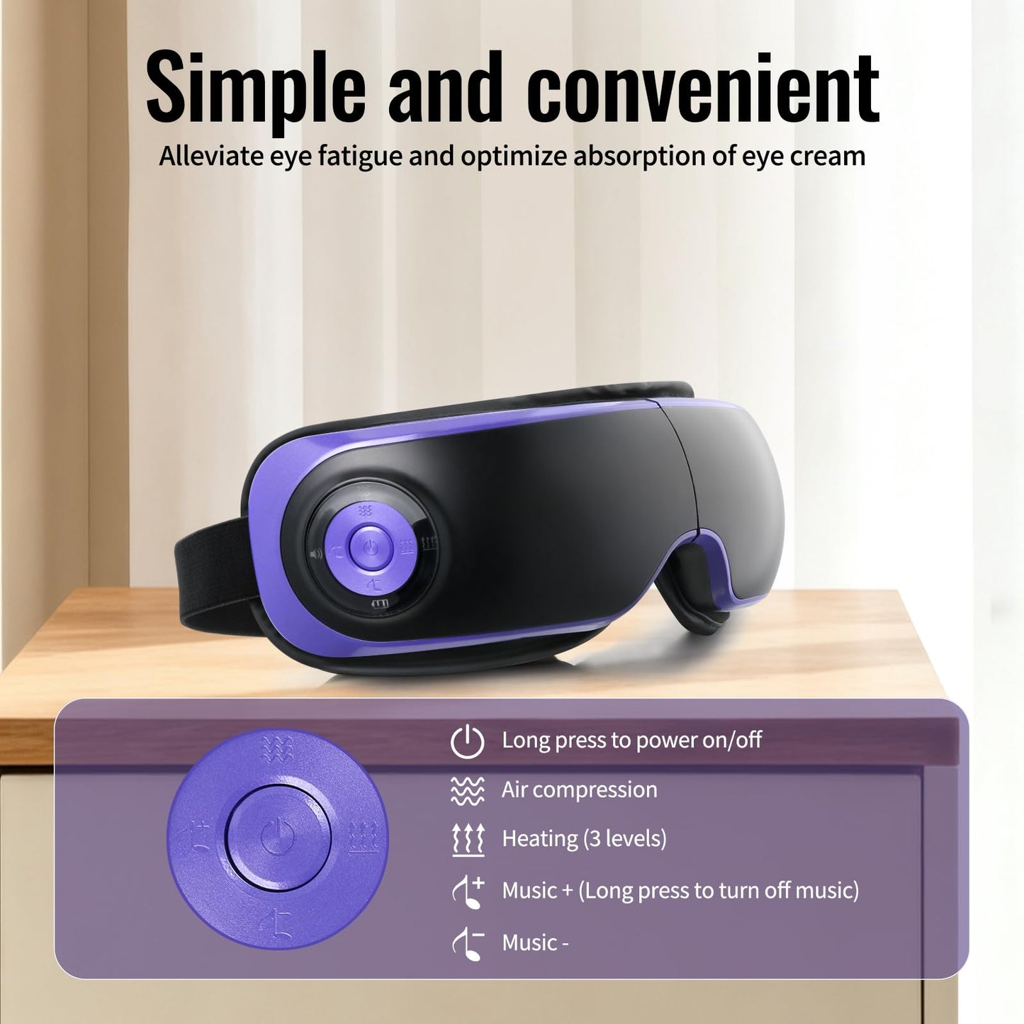 Eye Massager with Heat, Adjustable Bluetooth Music Sleep Mask for Migraine, Dark Circles Relief, Improve Sleep, for Women Men Black Purple