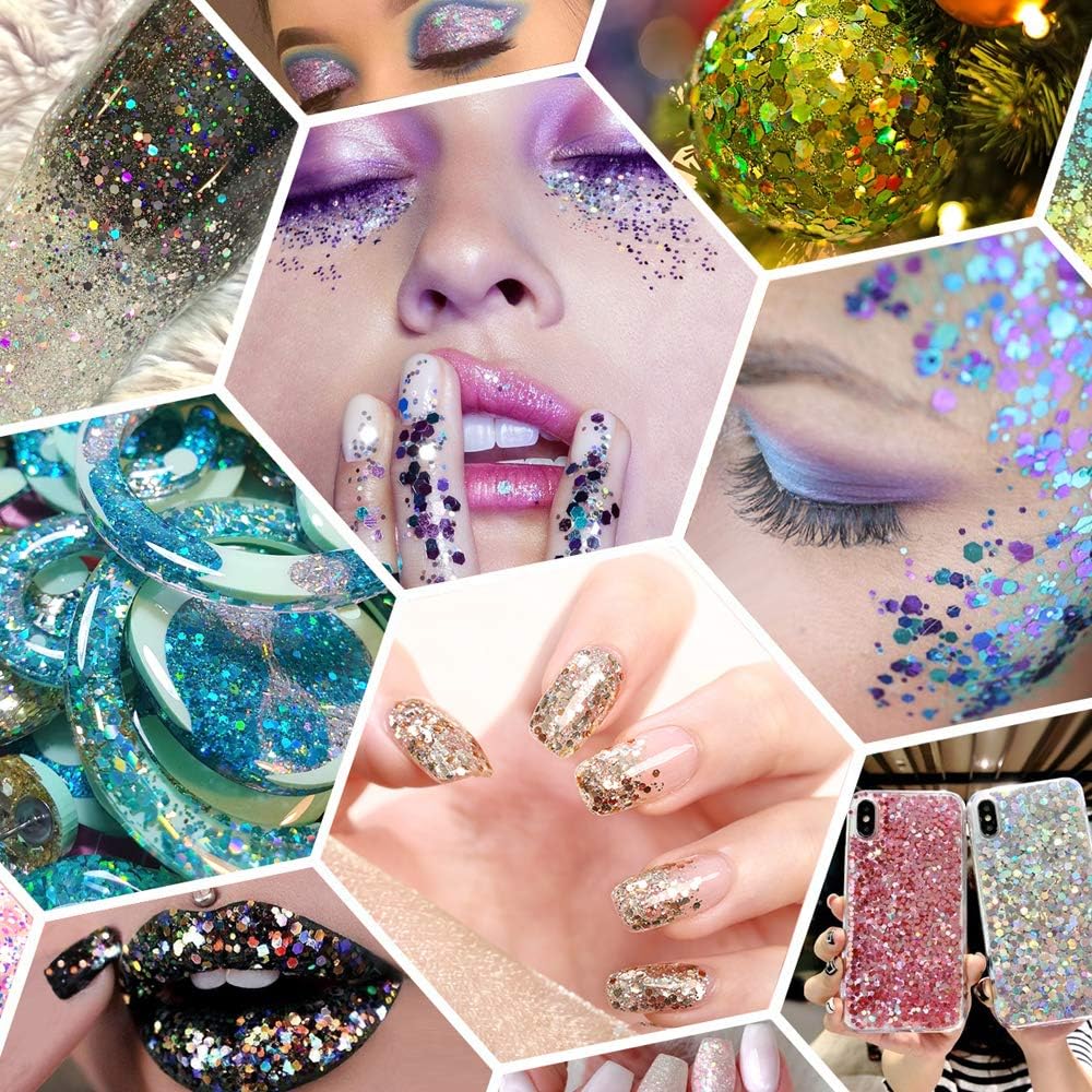Holographic Chunky Glitter, 5.64oz/160g Craft Glitter Powder Mixed Chunky & Fine Flakes, Iridescent Sequins for Nail Art, Hair, Body, Eye Epoxy Resin, Tumblers, Painting, Festival Decor (Fuchsia)