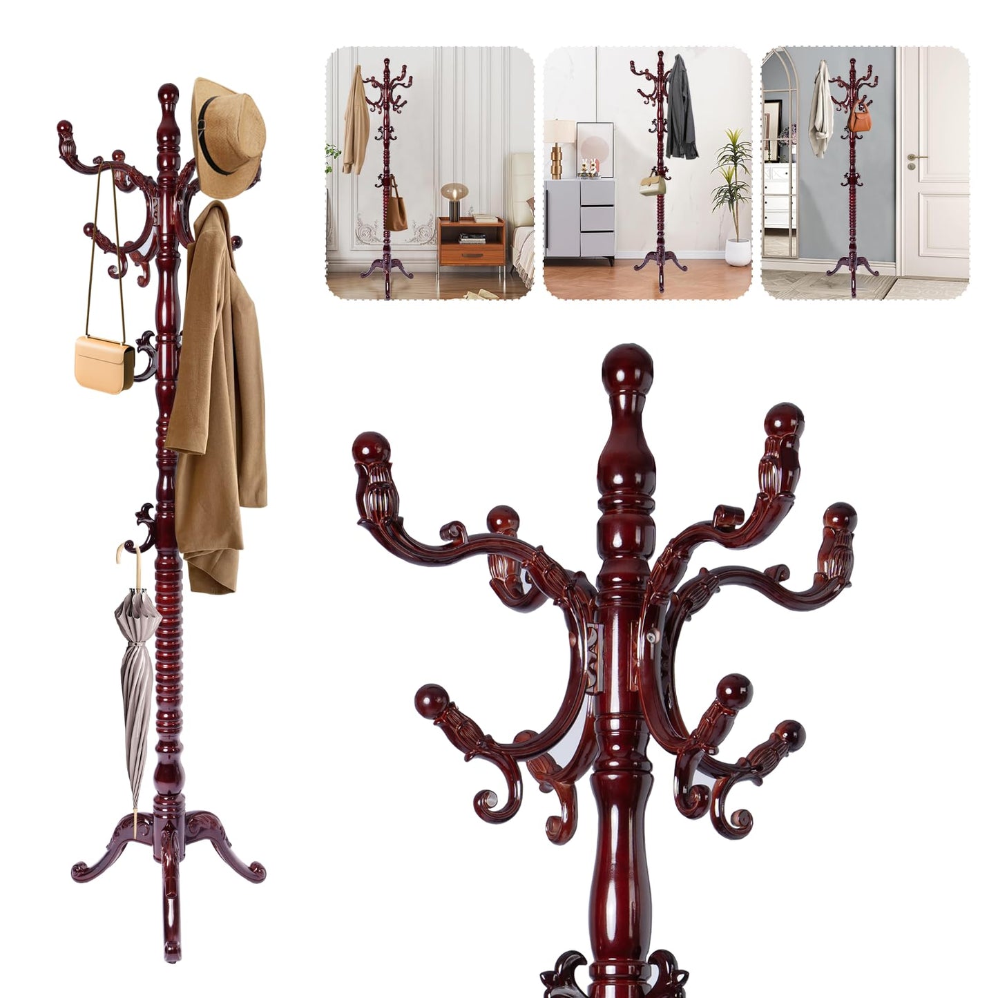 YQNUCO Solid Wood Coat Rack – Freestanding Coat Racks Stand with Hooks & Stable Base, Adjustable Height Modern Wooden Hall Tree for Entryway, Bedroom, Office, Home (Mahogany Triangle)