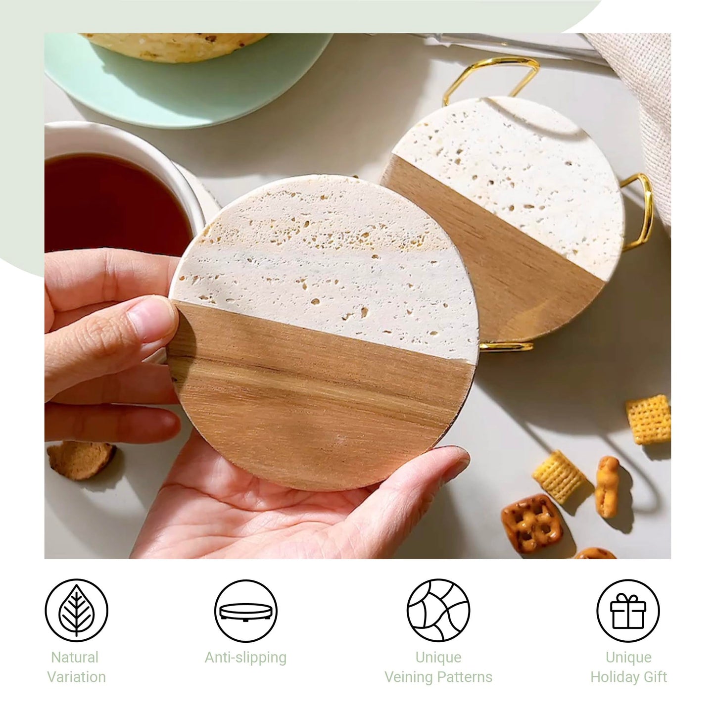 Custom Vibes Luxury Marble and Wood Coasters, Set of 4 with Gold Stand, Unique Décor Gift for Weddings, Engagements, and Anniversaries (Sea Spray)