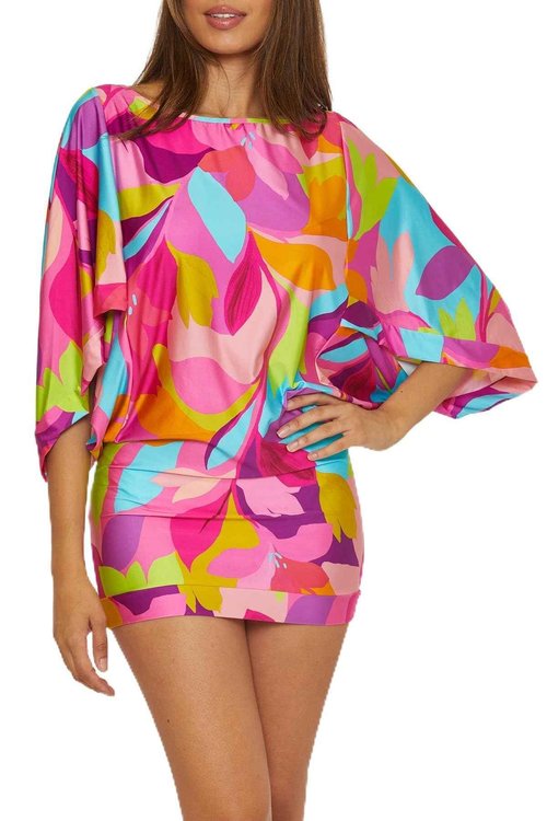 Trina Turk Women's Standard Lilleth Swim Dress, Casual, Boat Neck, Floral Print, Beach Cover Ups, Multicolor