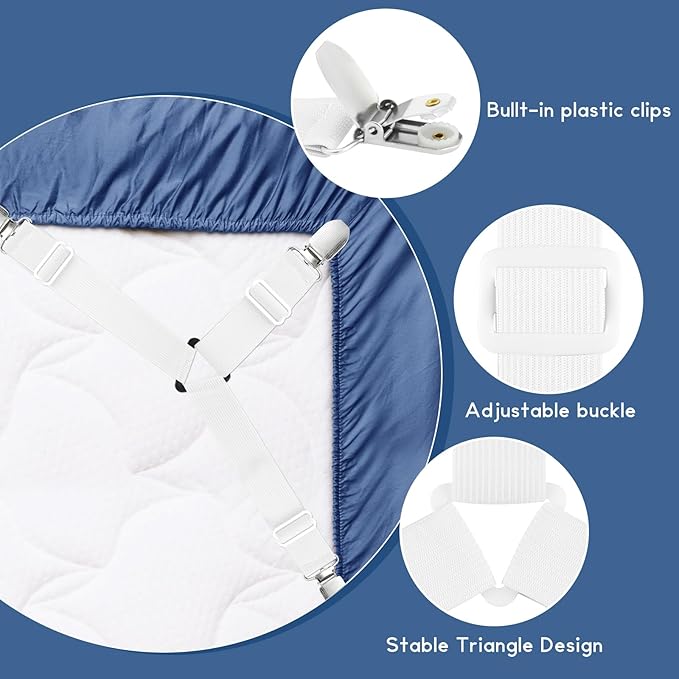 CHRORINE Bed Sheet Holder Straps Adjustable Sheet Fasteners Clips Keep Bedding Stays in Place, 6 Pcs/Set, White