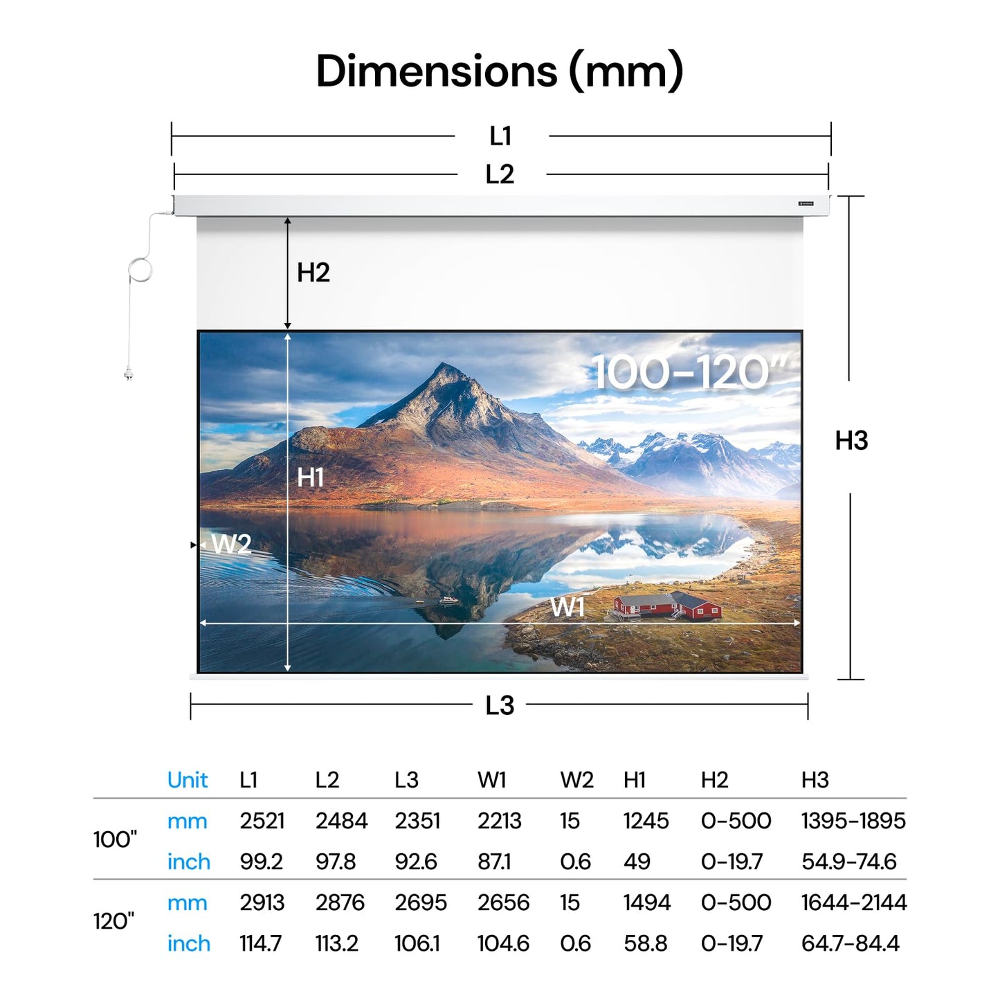 Valerion 100" PureVision Motorized Projector Screen, Laser Speckle Reduction, Auto-Sync with Projector, 4K/8K UHD Ready, 20" Adjustable Drop, Black Backing for Enhanced Contrast, Long Throw Only
