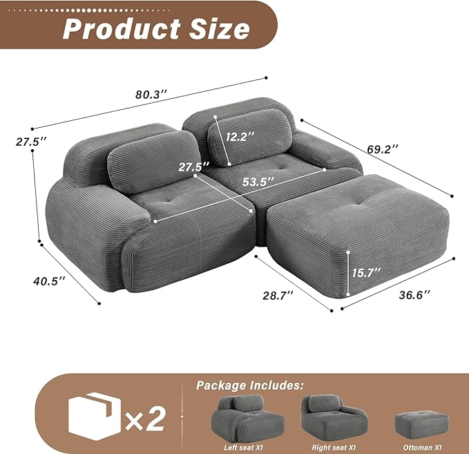 SoarFlash 81" Loveseat Sofa, Comfy Deep Seat, No Assembly, Sofa in a Box, Modern Small Couch with Plush Corduroy Fabric for Living Room, Bedroom, Apartment, Home Office, Grey