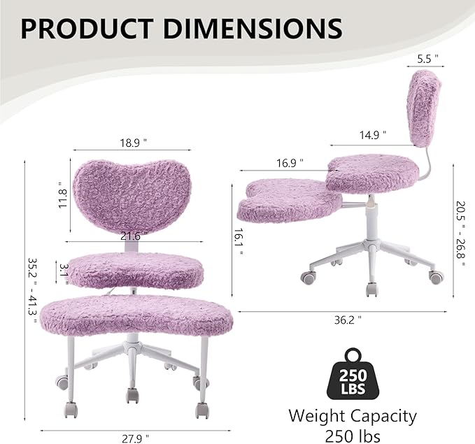 Cross Legged Office Chair with Wheels–360°Swivel Meditation Chair, Adjustable Height Yoga Office Chair for Adults, Ergonomic Kneeling Chair with Back Support for ADHD, Faux Fur, Violet
