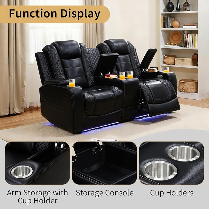 Caberryne Power Recliner Sofa with LED Lights,Leather Reclining Loveseat with Double Recliner/USB Port/Storage Console/Cup Holder for House/Home Theater(2 Seater Loveseat,Black)
