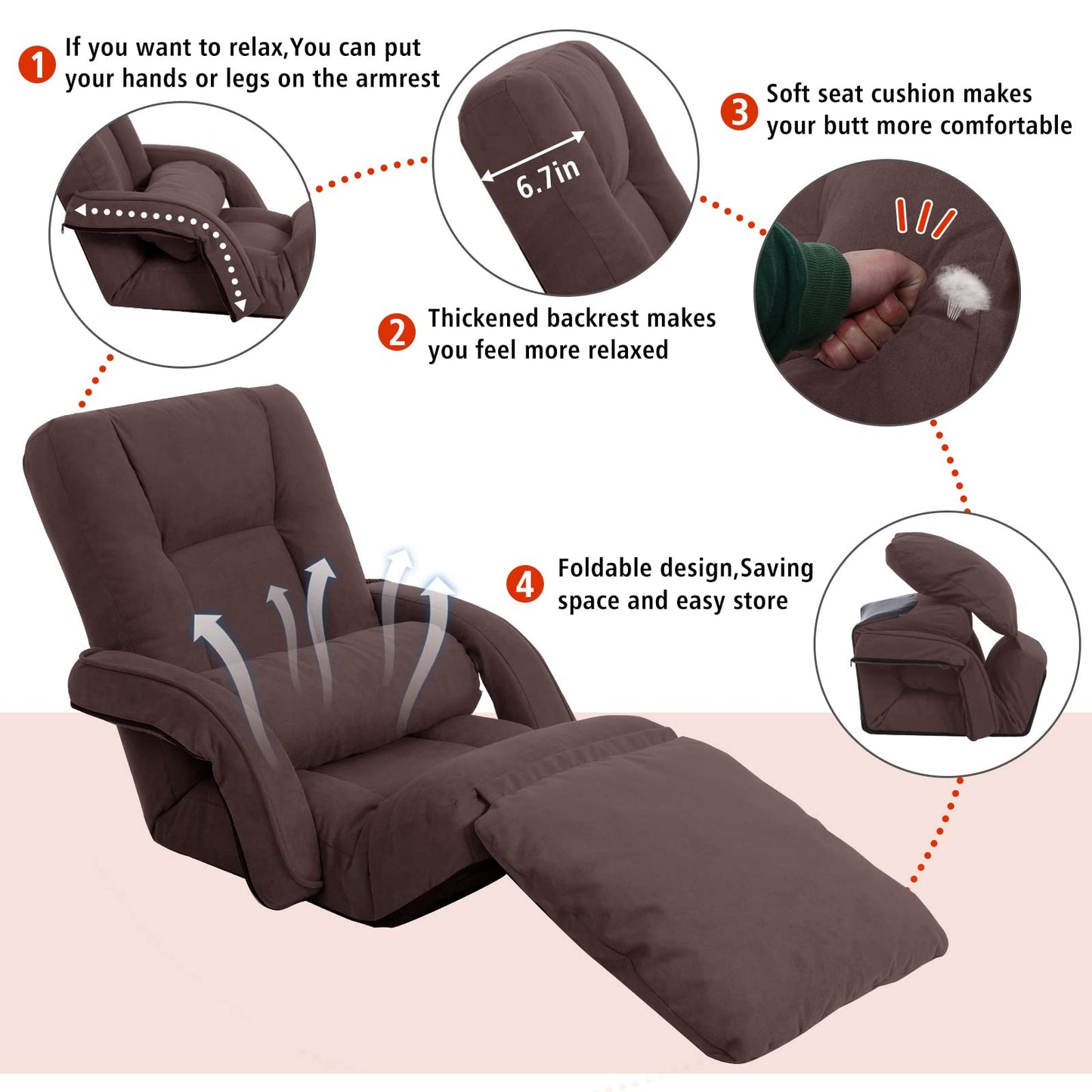 DeeLyan Foldable Lazy Sofa Bed 14-Position Adjustable Comfy Floor Chair Chaise Lounge with Armrests and Pillow with Gaming Recliner for Adults Kids with Foot Rest Futon Sofa (Brown)