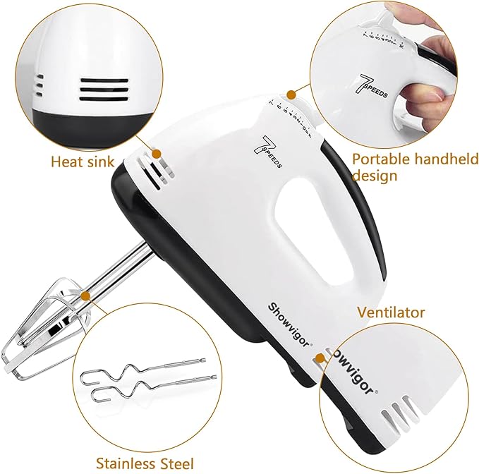 7-Speed Electric Hand Mixer with 5 Stainless Steel Accessories, Eject Button Handheld Whisk Food Beaters for Blending or Cooking, Dishwasher Safe, Off-white