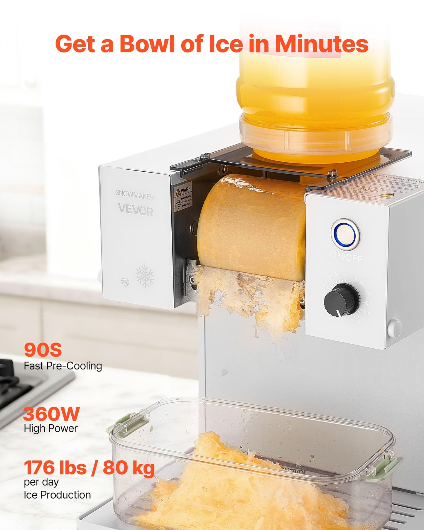 VEVOR Snowflake Ice Machine, 176LBS/24H Snowflake Ice Maker, Ice-Shaver Machine with Stainless Steel Blade, Electric Snow Cone Maker with 0.48Gal Tank, 90S Fast Pre-Cooling, for Home & Small Gathering