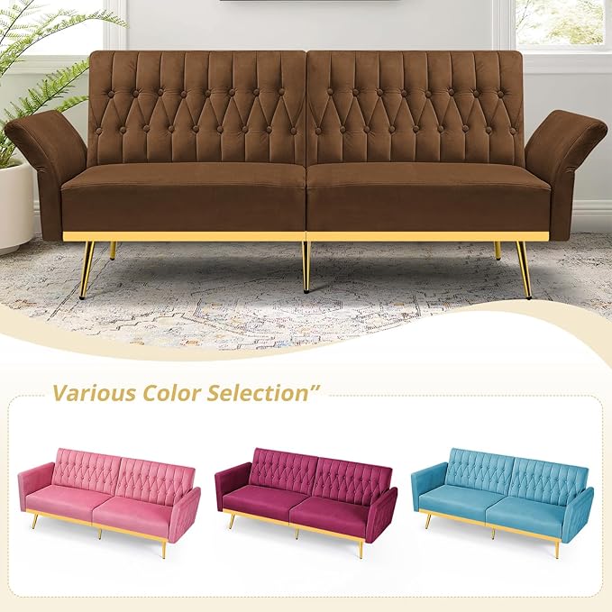 ACMEASE 70” Velvet Futon Sofa Bed with 2 Pillows and Adjustable Armrests, Convertible Sleeper Bed W/Adjustable Backrests, Modern Loveseat for Living Room, Bedroom, Brown