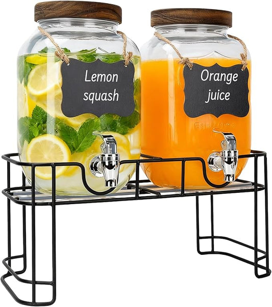 1 Gallon Drink Dispenser with Stand,2 Pcs Clear Glass Beverage Dispenser with Spigot, 2 pcs Wood Lid and Wooden Hangtags f...