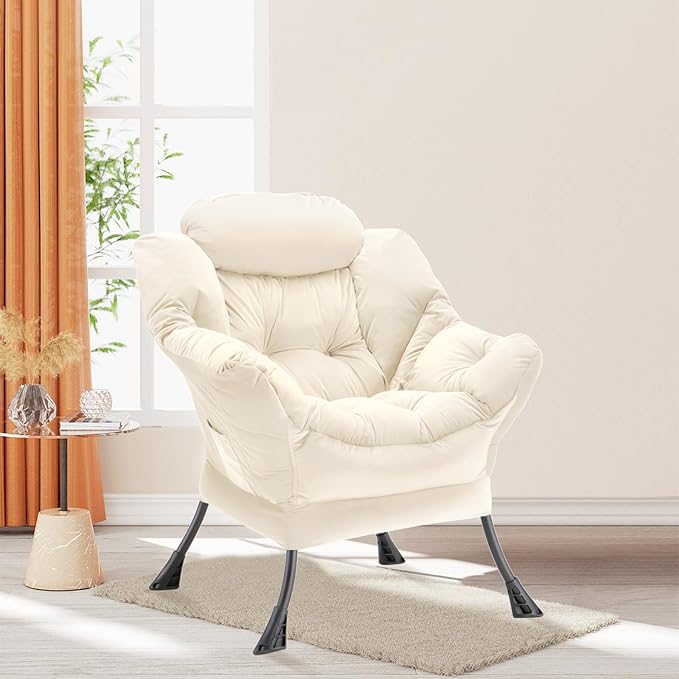 Youtanic Lazy Chair Thick Padded, Comfy Velvet Accent Lounge Chair with Stable Frame, Leisure Sofa Armchair with Armrests and Side Pocket, Reading Chair for Bedroom, Living Room, Office, Beige