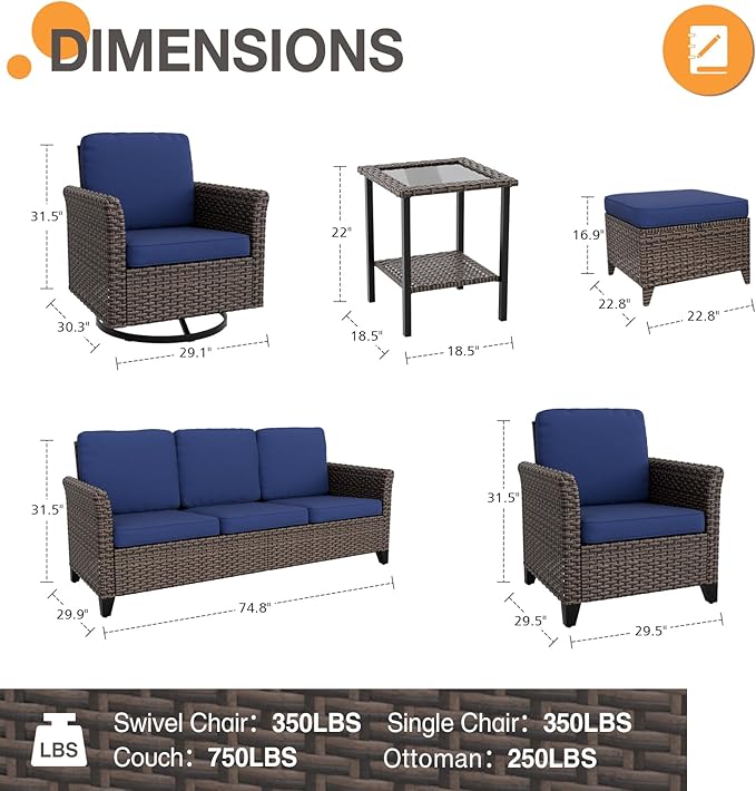 COOS BAY Harbor Retreat 8 Piece Outdoor Furniture Set, Patio Conversation Set with Swivel Rocking Chairs, Patio Chairs, Couch, Side Table and Ottomans, Wicker Furniture, Brown/Blue