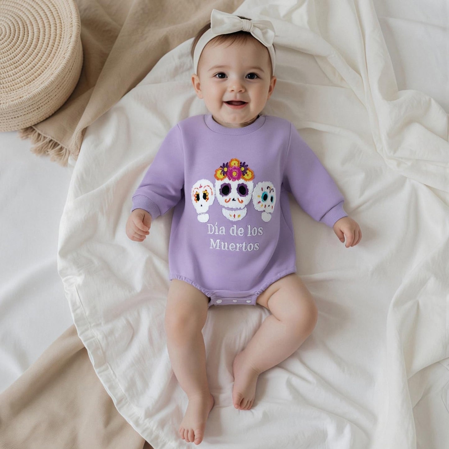 Kuriozud Newborn Baby Girl Day of the Dead Outfit Sugar Skull Sweatshirt Romper Bubble Romper Top Infant Fall Clohtes Dia de los Muertos Purple, 0-3 Months