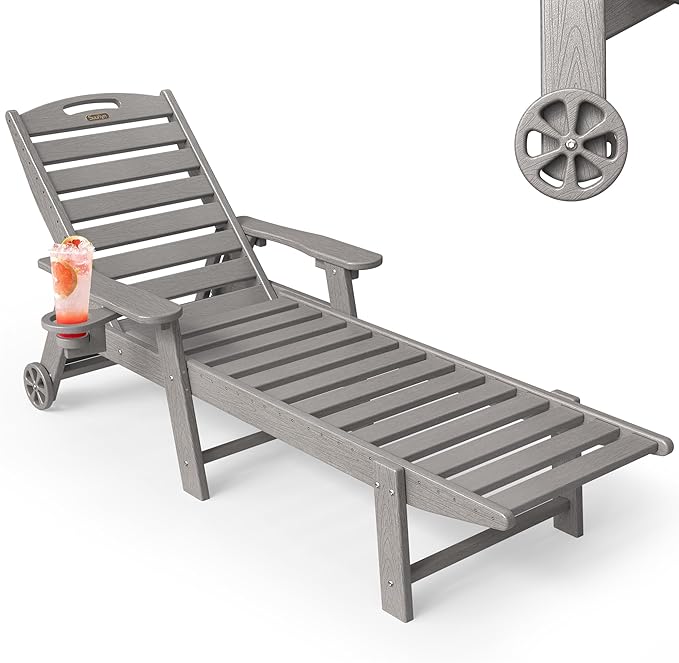SUUNYN Chaise Lounge Outdoor, Lounge Chair Outdoor with Wood Texture, Adjustable 5-Position Backrest, HDPE Lounge Chair with Wheels & Cup Holder for Pool Deck Backyard, Light Grey