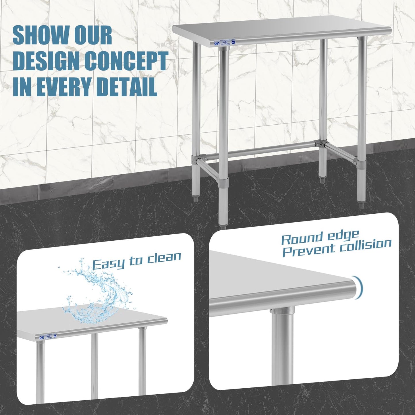 Hally Open Base Stainless Steel Table 24 x 36 Inches, NSF Commercial Heavy Duty Prep & Work Table with Galvanized Legs for Restaurant, Home and Hotel