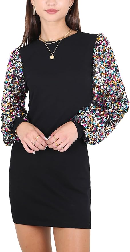 Anna-Kaci Womens Long Sleeve Sequin Party Bodycon Dress Cocktail Sparkle Wedding Evening Clubwear A Line Mini Short Dress