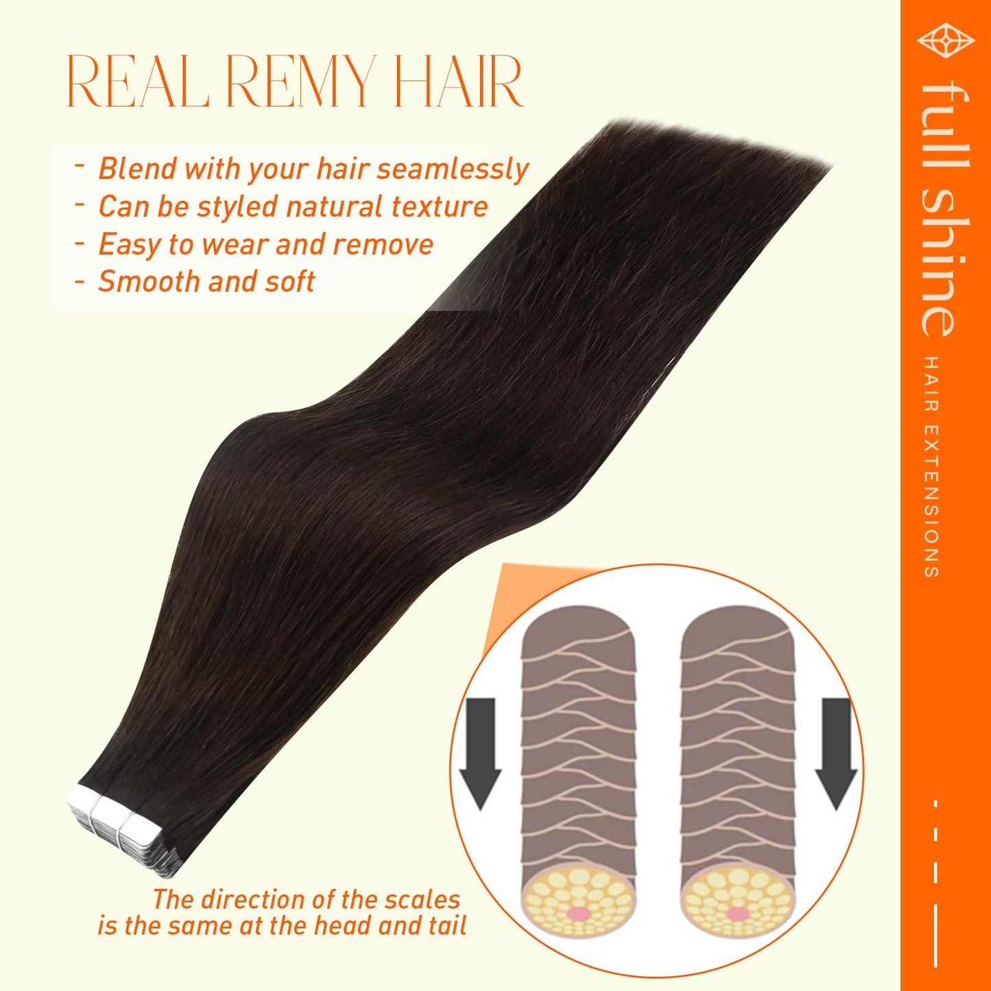 Full Shine Tape in Hair Extensions Human Hair 14Inch Brown Hair Extensions Color 2 Darkest Brown Tape in Extensions Natural Stra