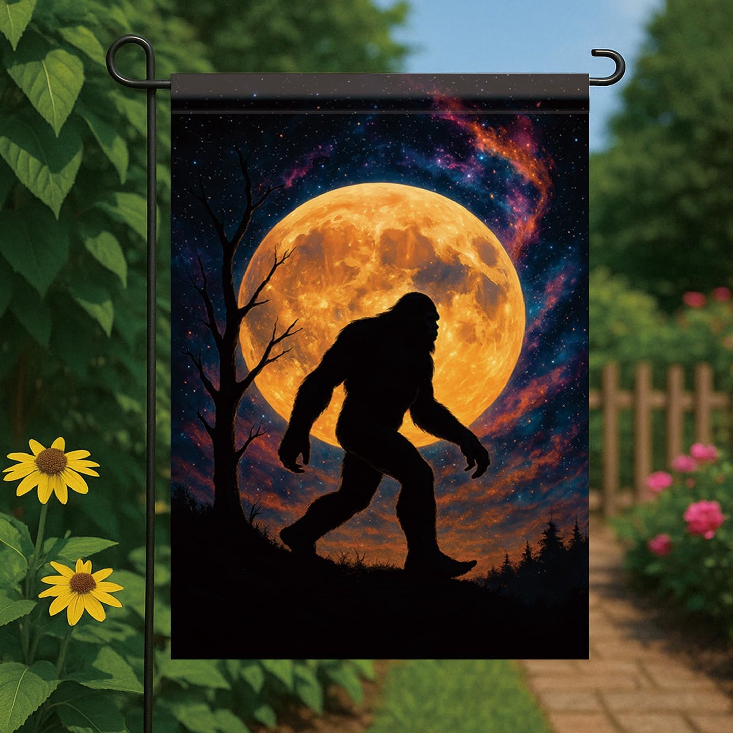 Starlit Patio Halloween Fall Garden Flag Sasquatch Flag 12x18 Inch Double-Sided Full Moon Forest Yard Banner Spooky Outdoor Decor for Porch Lawn Pathway Cryptid Lover Gift