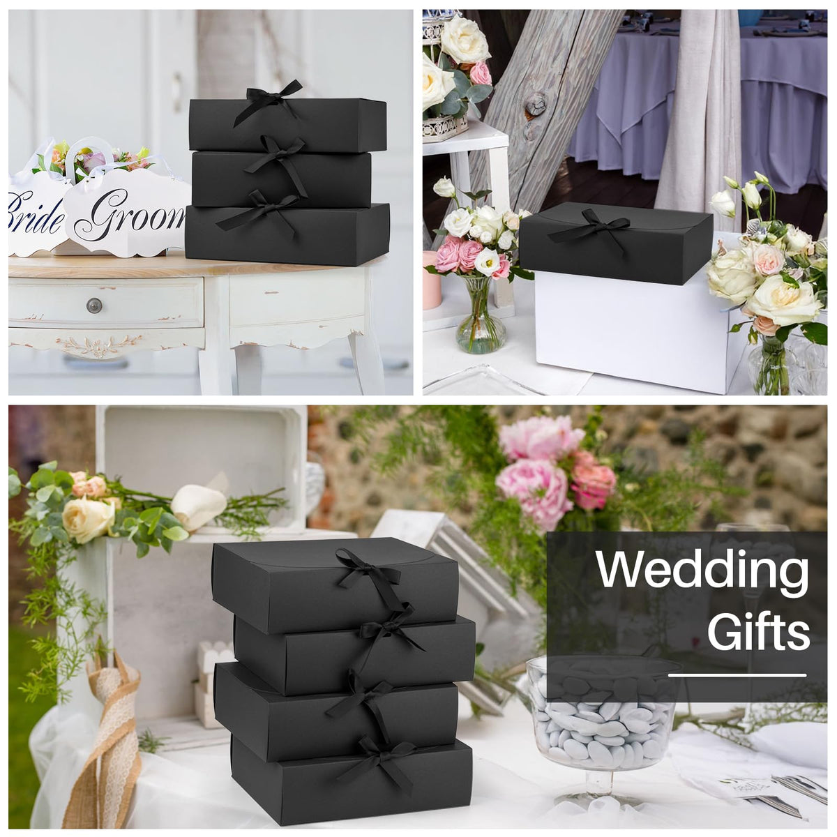 24 Pack Gift Boxes with Lids, 12×9.8×3.1 Inch Groomsmen Proposal Box, Luxury Black Gift Box with Ribbon for Wedding, Packaging, Present, Birthday (Black)