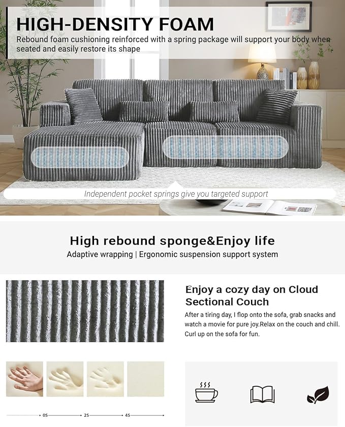 Vanress 110" Cloud Couch Sectional, Corduroy Boneless Couch with L-Shape Chaise,Modern Modular Sectional Sofa Comfy Deep Seat for Living Room, Bedroom, No Assembly (Dark Grey, Left Facing Chaise)