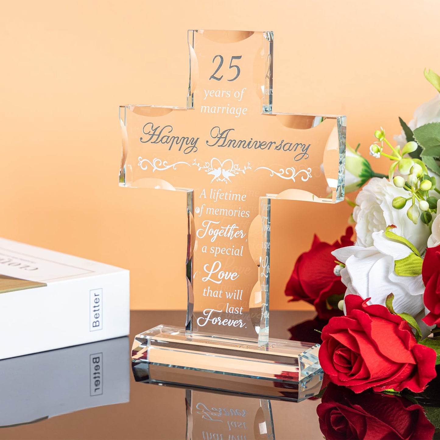GIRVEM 25th Wedding Anniversary Glass Cross Gifts for Couple, Wedding Anniversary Keepsake for Him Her, Laser Engraved Glass Standing Cross Decoration