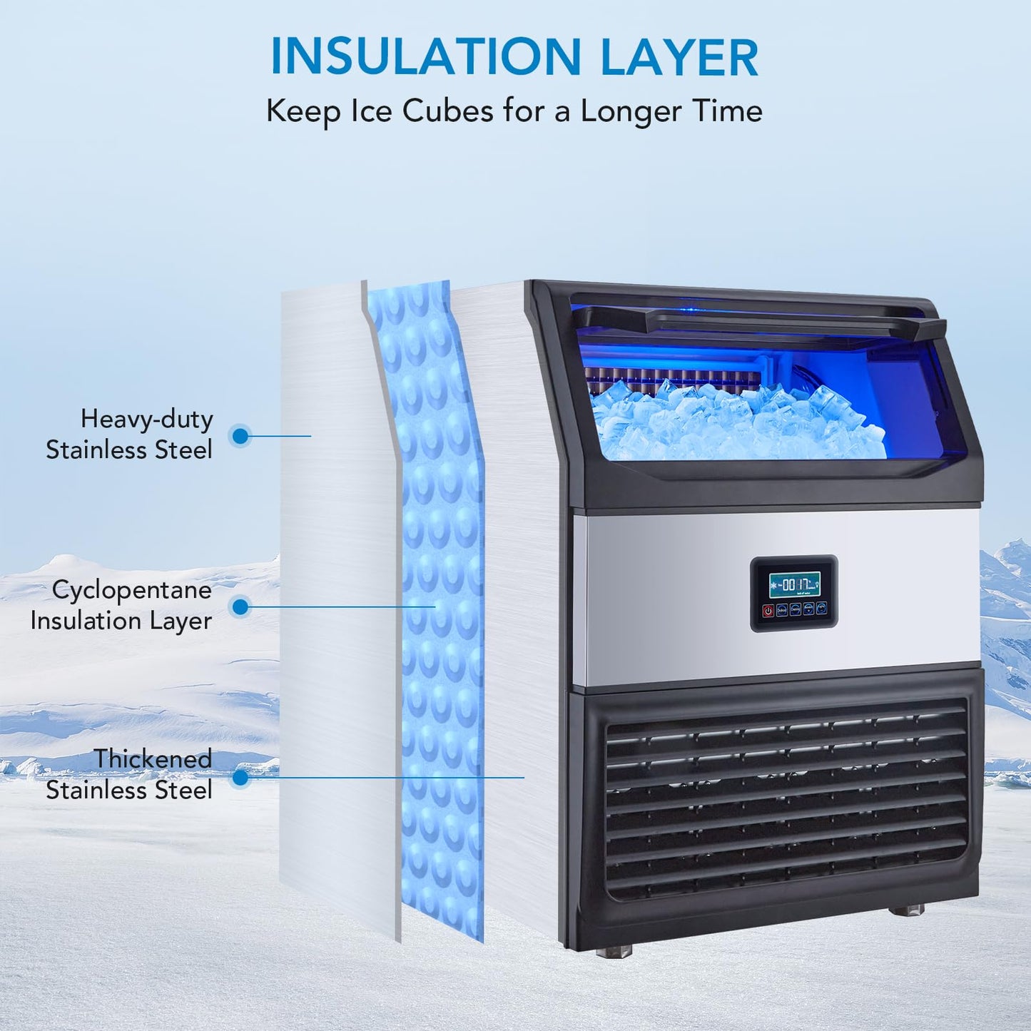 Commercial Ice Maker, 265lbs/24H Production, 55lbs Storage, Quiet & Energy-Saving 580W Compressor, for Home, Bar, Party