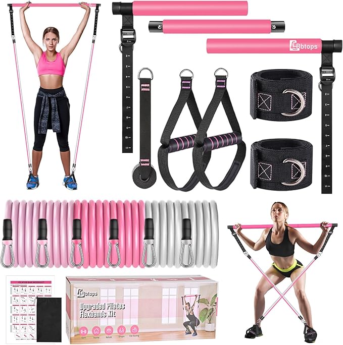 Bbtops Pilates Bar Kit with Resistance Bands,Pilates Bar with Stackable Bands Workout Equipment for Legs,Hip,Waist and Ar...