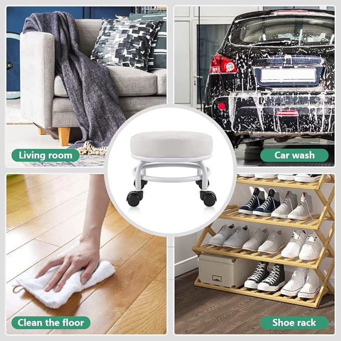 FURWOO Low Roller Seat PU Leather Rolling Stool Step Stool Mechanic Stool on Wheels for Home Office Garage Shop White