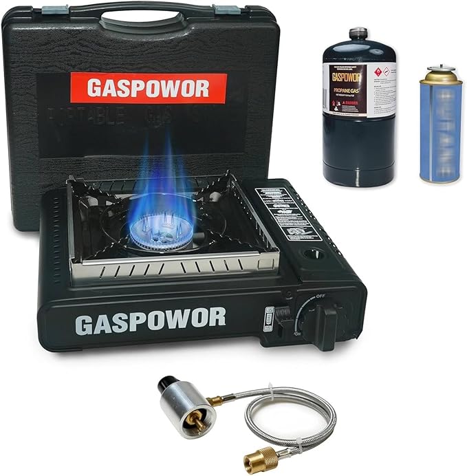 GASPOWOR Propane or Butane Stove with Windblocker, 10,000 BTU Dual Fuel Propane Stove for Camping, Automatic Ignition Gas ...