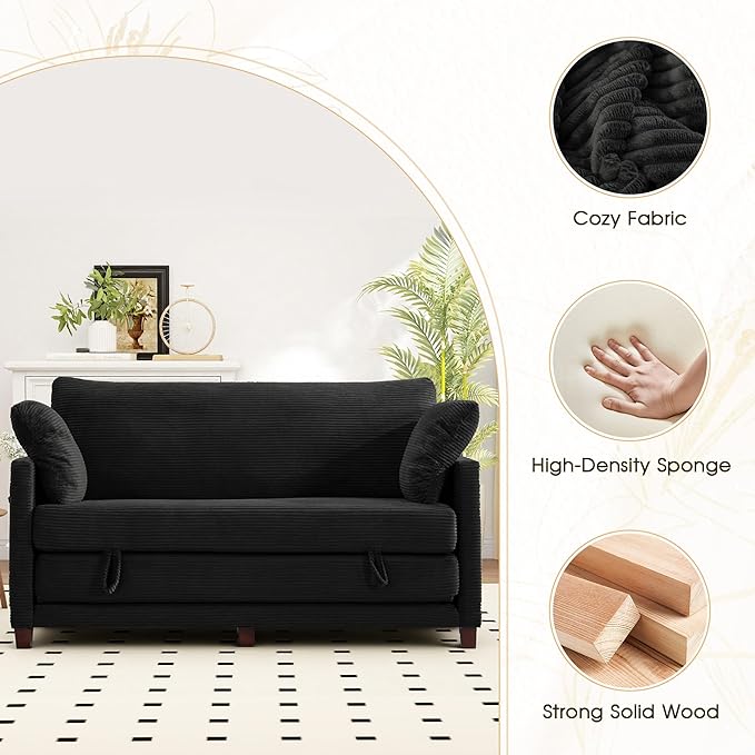 Myroyalsit 65" Convertible Loveseat Sofa Bed, 2-in-1 Folding Sofa Bed with 2 Pillow for Small Spaces, Modern Loveseat Sleeper Couch for Apartment, Living Room & Guest Room (Black Corduroy, 65 inch)