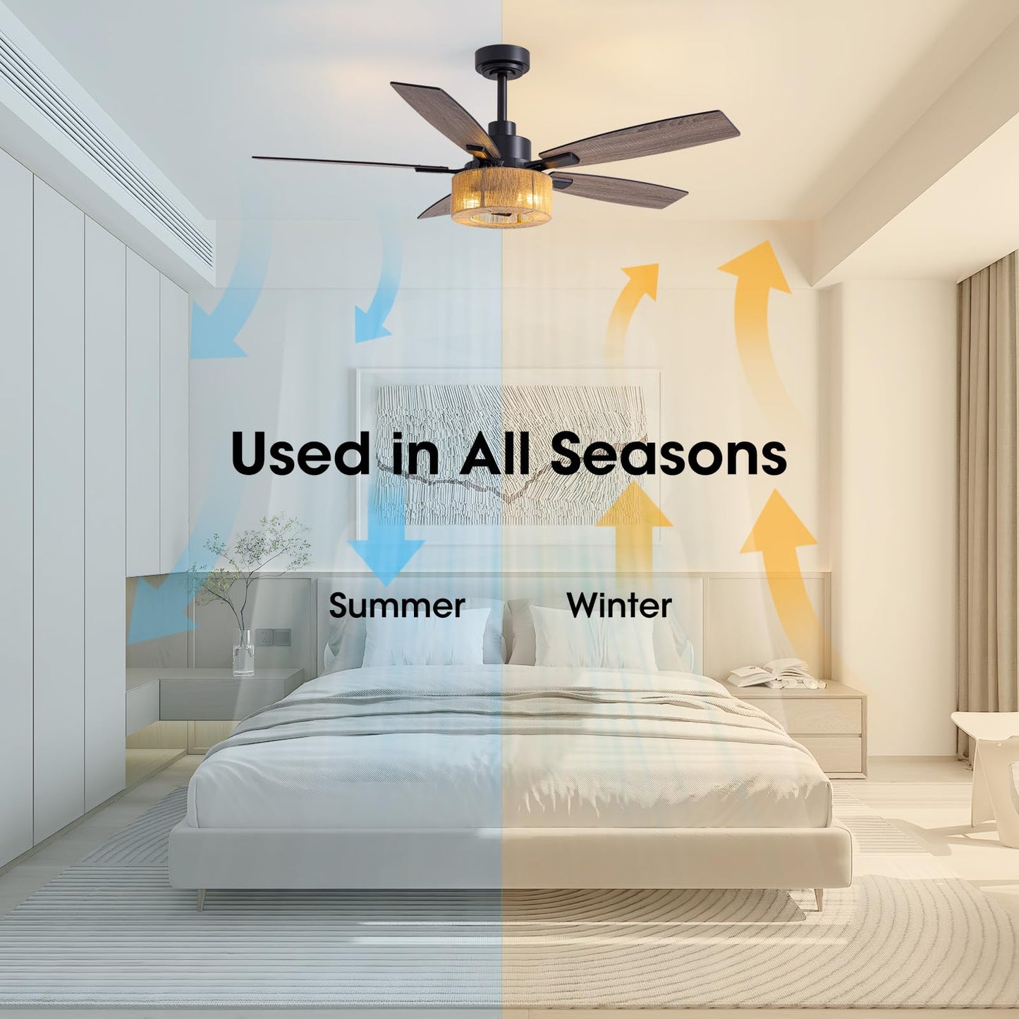 Luminfan 46 Inch Boho Black Hemp Ceiling Fans With Lights And Remote Control, Farmhouse Caged Rattan Ceiling Fan For Dining Room