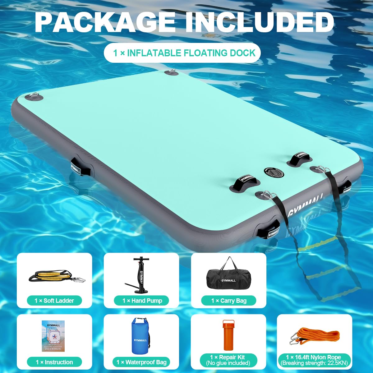 GYMMALL Inflatable Floating Dock Platform, 8ft*6ft Air Dock Platform Floating Island Raft with None-Slip Surface, 6in Thick Water Floating Dock Mat for Swimming Pool Lake Beach Ocean - Gray Green