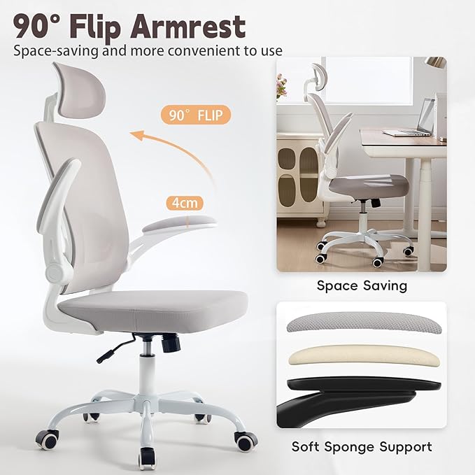 Rishtivin Ergonomic Office Chair with 3D Adjustable Lumbar Support, Mesh High Back, 75° Rotating Headrest, Rocking Function, 300lbs Capacity, Black/White (White)