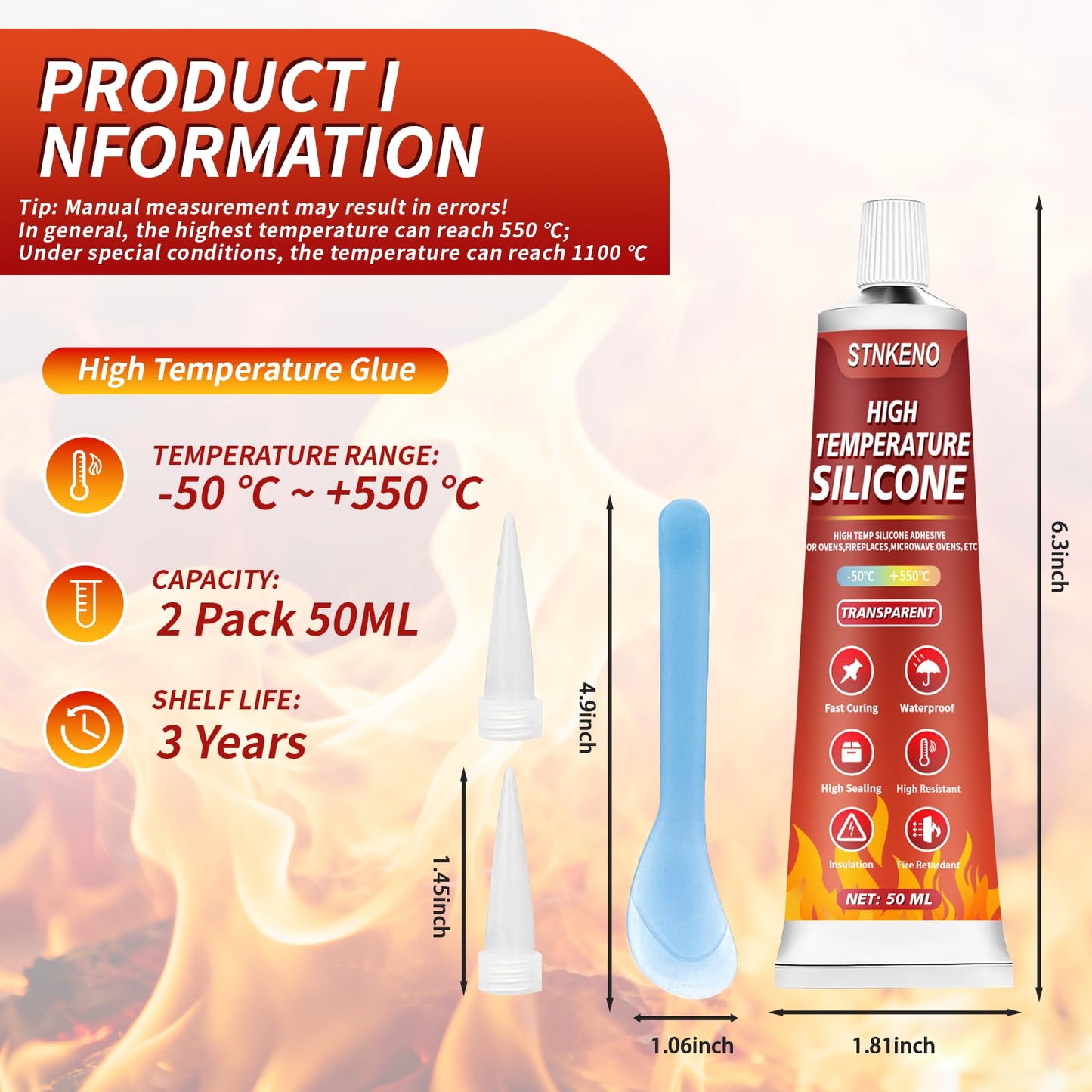 Stnkeno High Temp Silicone Sealant, High Temperature Adhesive, Heat Resistant Glue, Insulation and Waterproof Quick Drying Silicone Adhesive for Ovens Fireplace Microwave, Transparent, 2 Pack, 3.53 OZ