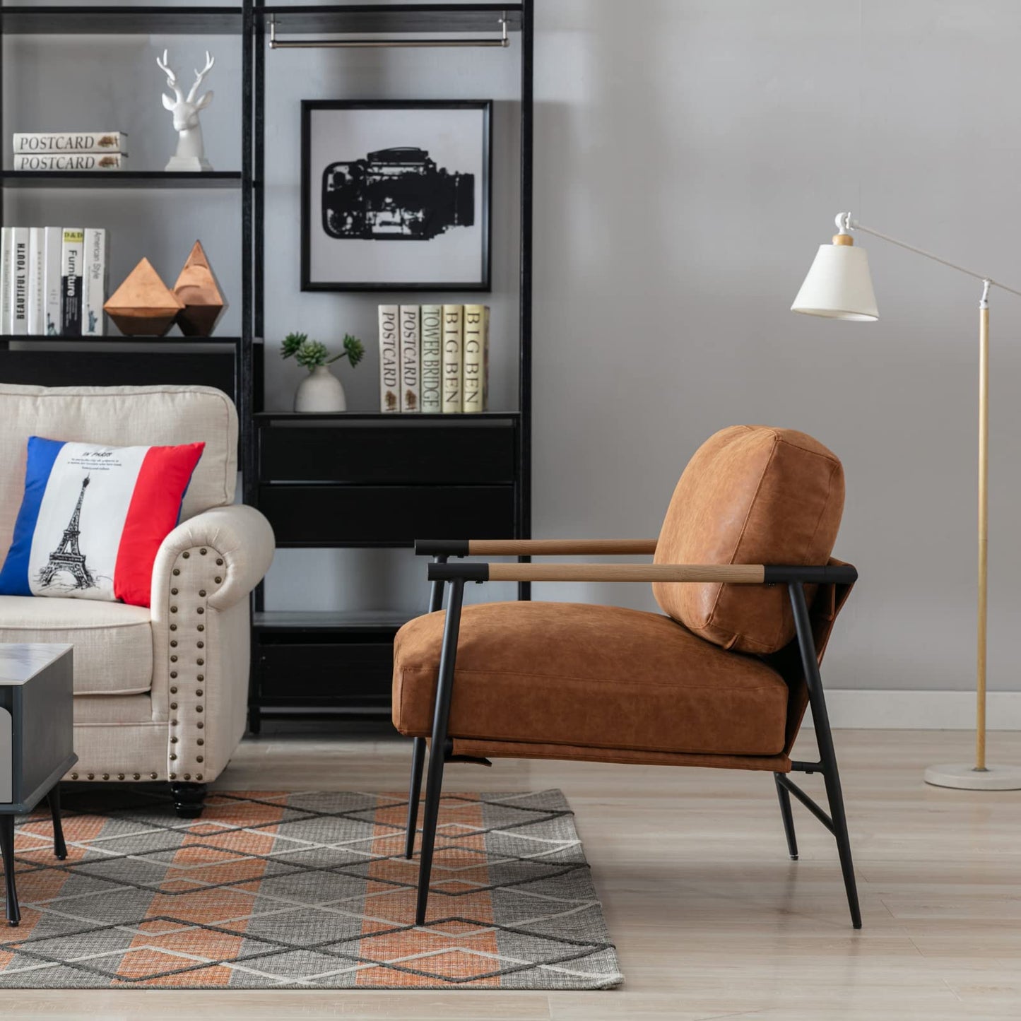 Ya-Home Mid-Century Accent Chair, Soft Armchair PU Leather Lounge Chair with Black Metal Legs, Upholstered Leisure Chair for Living Room Bedroom Reception Room, 1PC, Brown